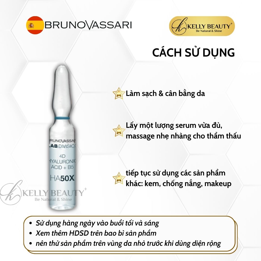 Huyết Thanh Căng Bóng Da Bruno Vassari HA50X 4D Hyaluronic Acid + B5 - Cấp Ẩm Đa Tầng, Săn Chắc Da - Kelly Beauty