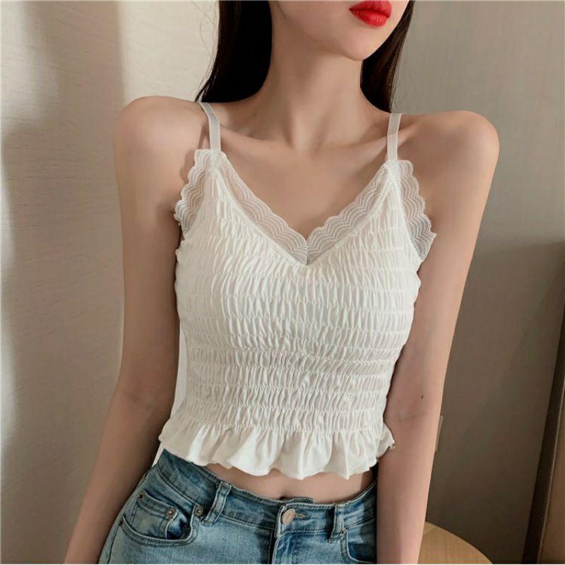 Áo Bra 2 Dây CRoptop Viền Ren Nhún Bèo Hót Hít