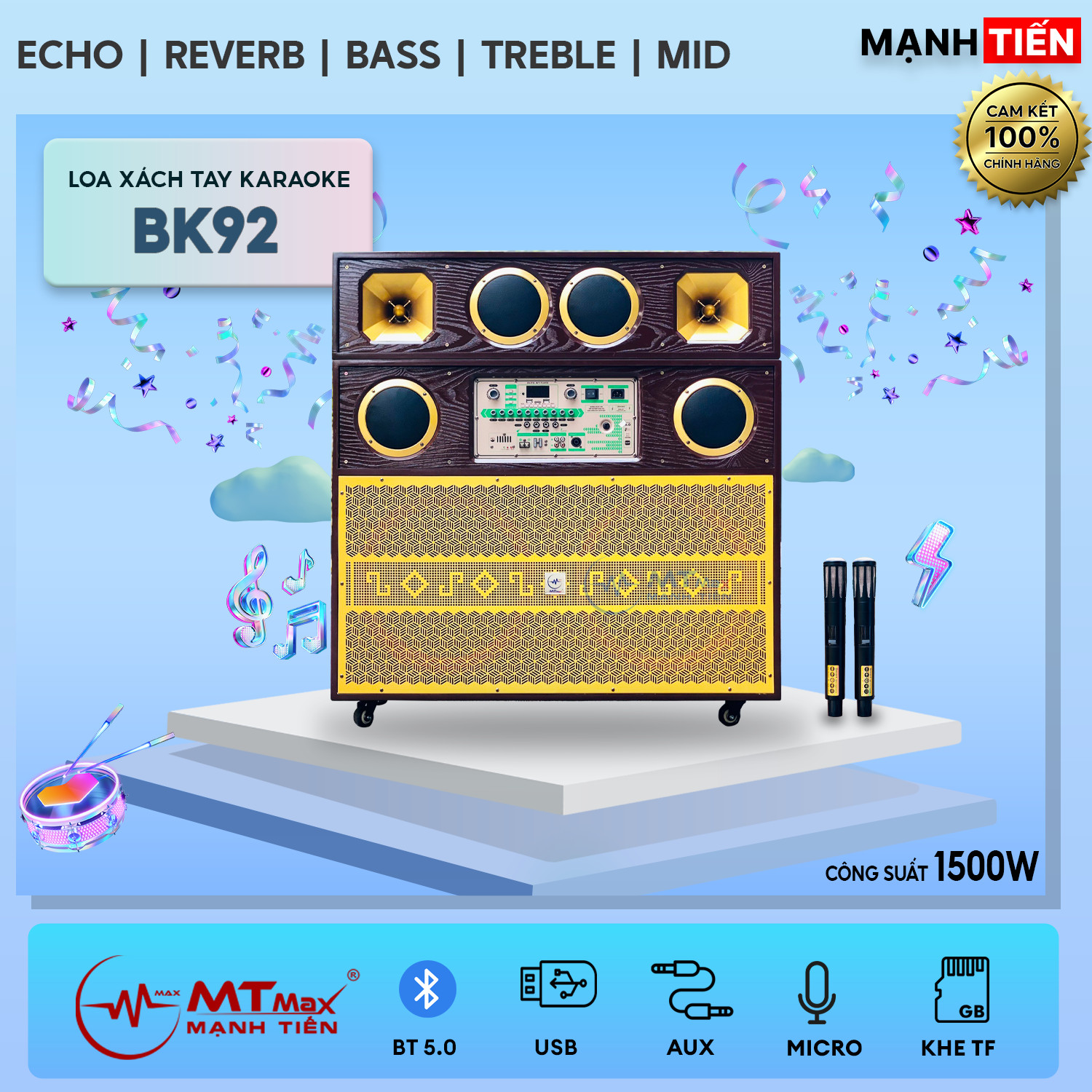 Loa Kéo Cao Cấp BK92 - Loa Khủng Long Bass 50, Bass Đập Cực Cưng, Bluetooth, Echo, Reverb, Đi Kèm 2 Micro Karaoke, Hàng Chính Hãng