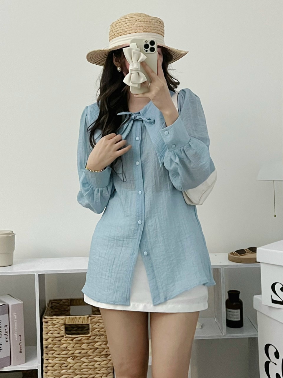 Áo sơ mi tơ cổ nhọn cột nơ tiểu thư nhiều màu
