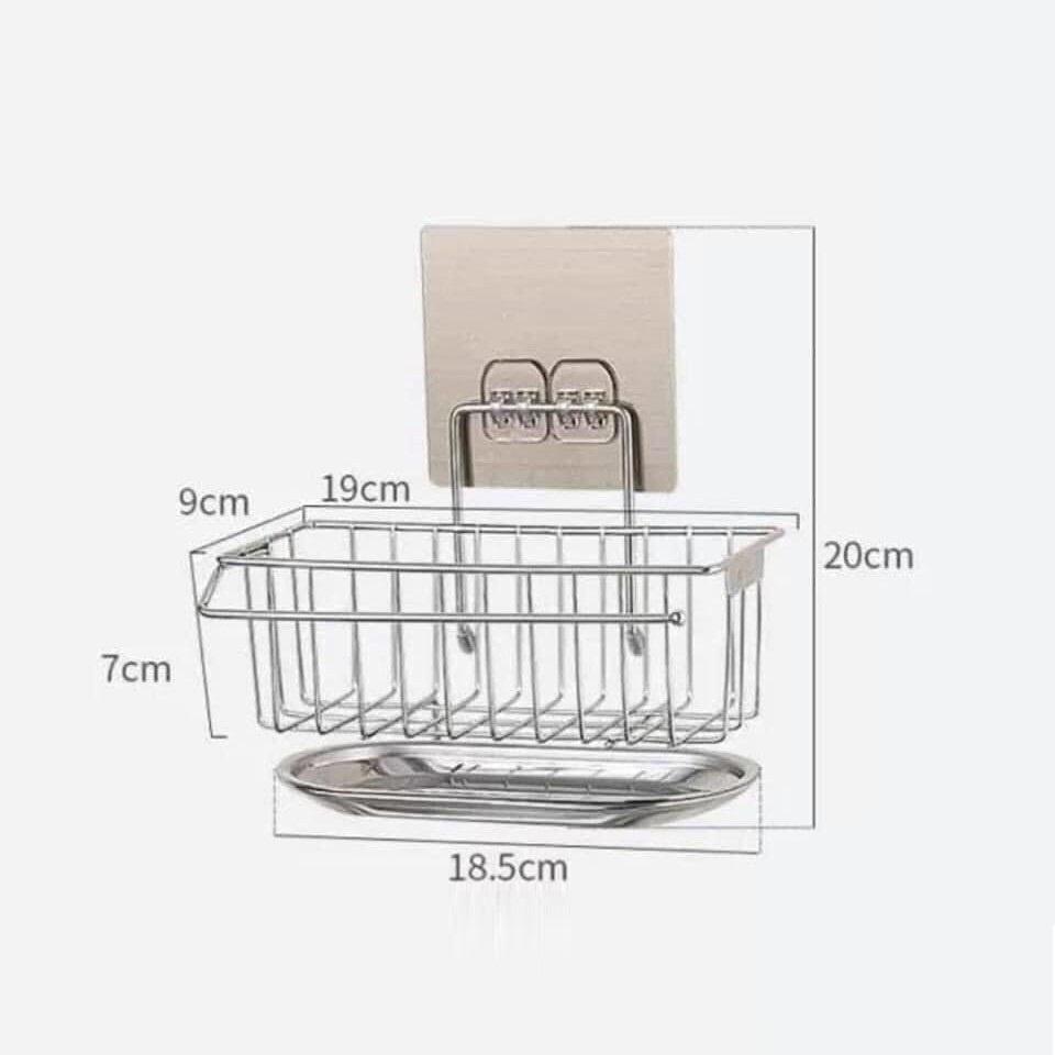 Kệ Inox Để Đồ Rửa Bát Dán Tường Kèm Khay Hứng Nước, Móc Treo Khăn Đa Năng - Giá Để Đồ Rửa Bát