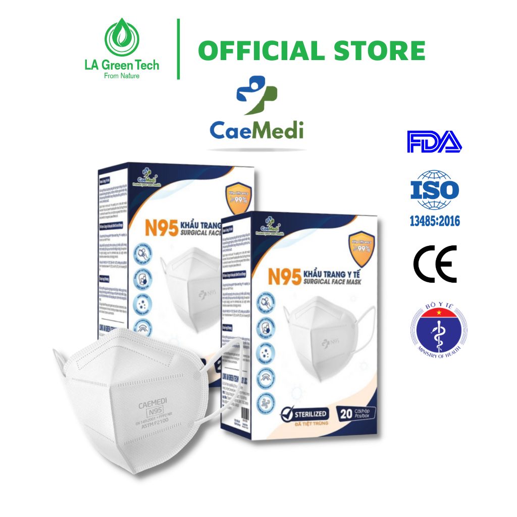COMBO 2 HỘP Khẩu trang y tế CAEMEDI N95 cao cấp, kháng khuẩn, lọc bụi bẩn đạt chuẩn BFE, FDA, CE xuất khẩu Hoa Kỳ - Hộp 20 cái