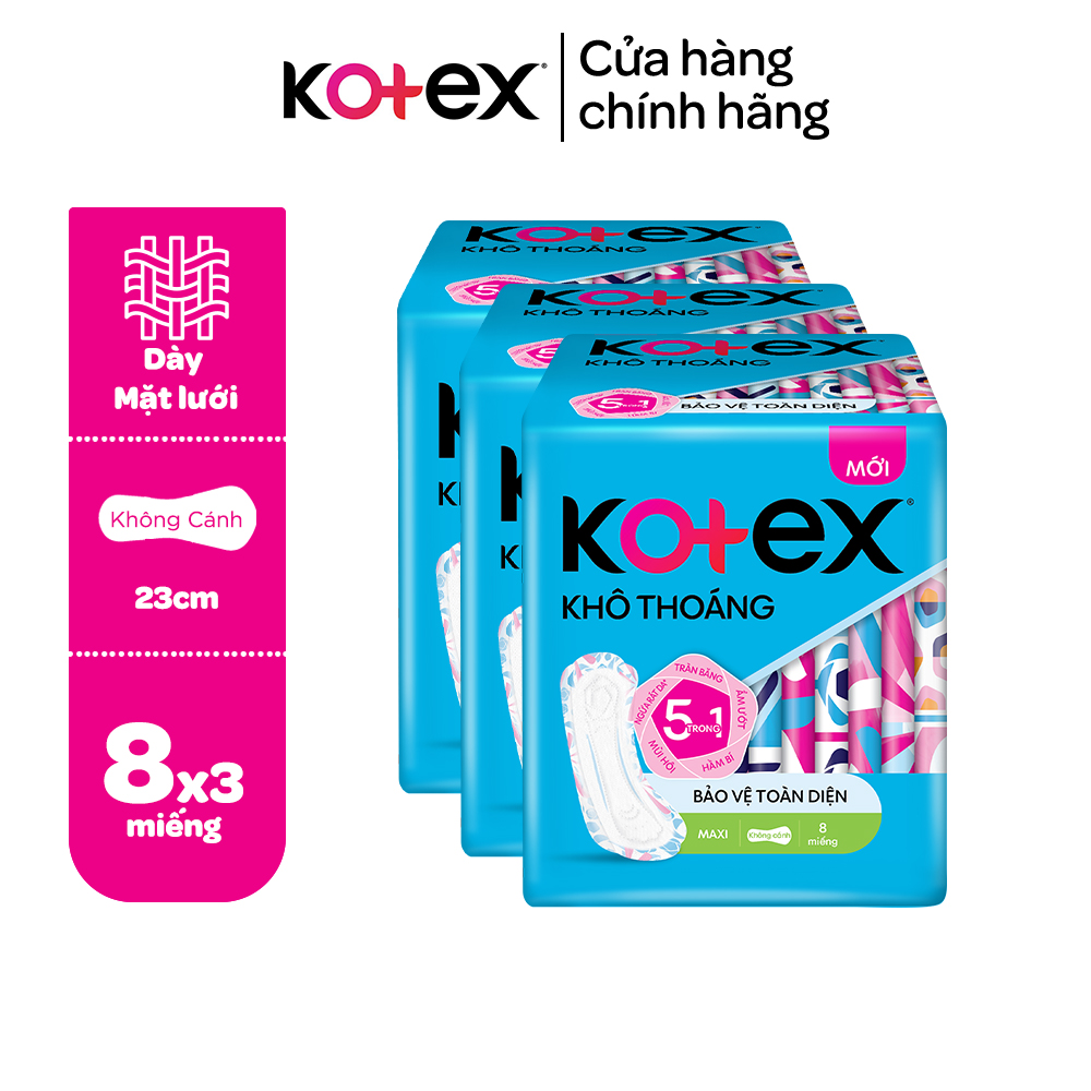 Combo 3 gói băng vệ sinh Kotex khô thoáng dày không cánh/cánh 8 miếng