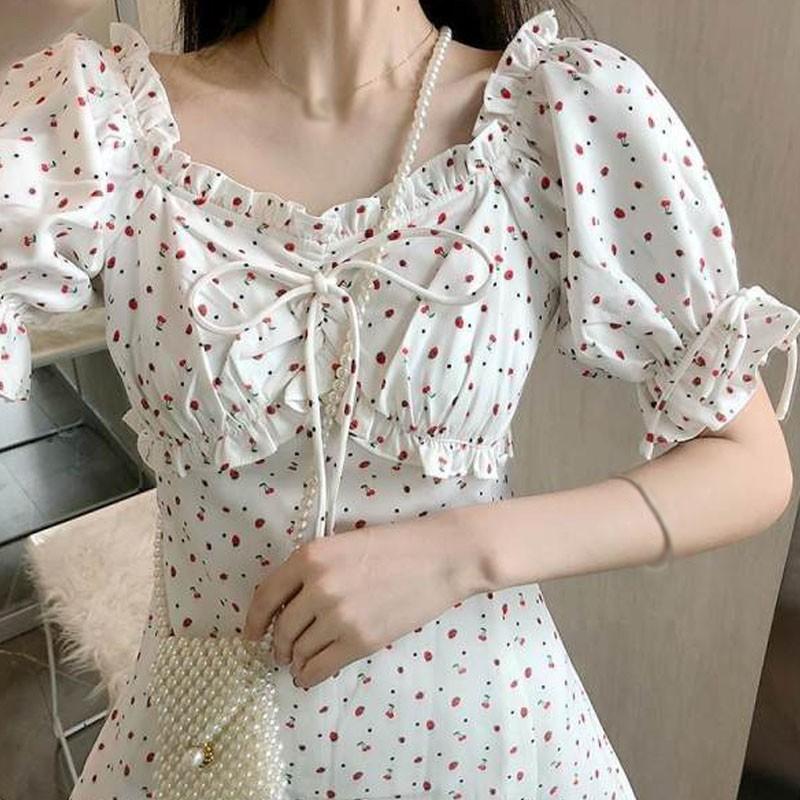 Đầm nữ tay ngắn hoạ tiết trái tim phong cách Hàn Quốc