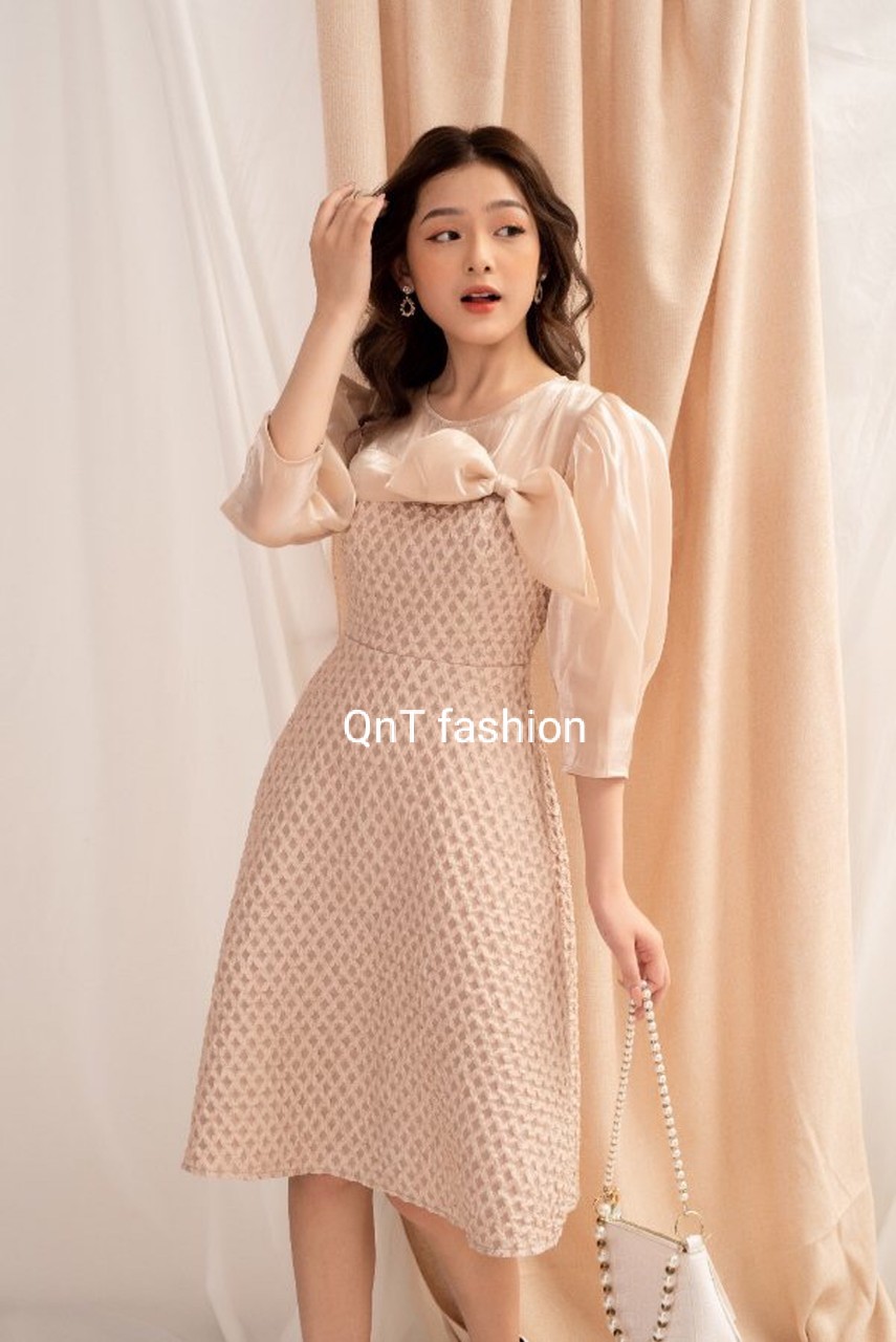 Đầm dự tiệc thiết kế-Đầm xòe cổ tròn phối nơ-Đầm thiết kế dự tiệc phong cách tiểu thư