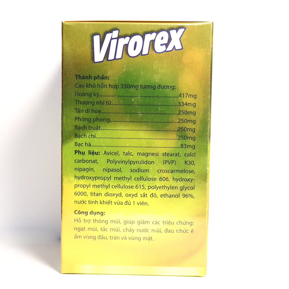 Viên uống VIROREX giảm viêm xoang, viêm mũi dị ứng, ngạt mũi, tắc mũi, chảy nước mũi - Hộp 60 viên thành phần Tân di hoa, Bạch chỉ, Thương nhĩ tử, Phòng phong, Bạc hà