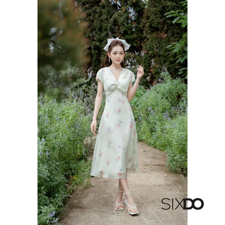 Đầm hoa midi cổ V xoắn ngực thời trang SIXDO