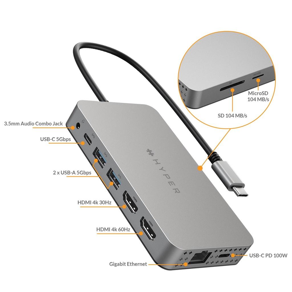 Cổng Chuyển Hyperdrive Dual 4K HDMI 10-IN-1 USB-C HUB HDM1H Hàng Chính Hãng