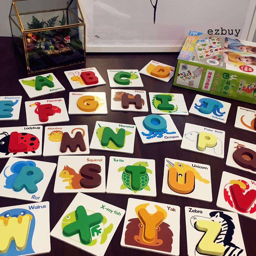 EY-26Pcs Wooden Alphabet Letters Animal Match Puzzles Cards Preshcool Learning Toy