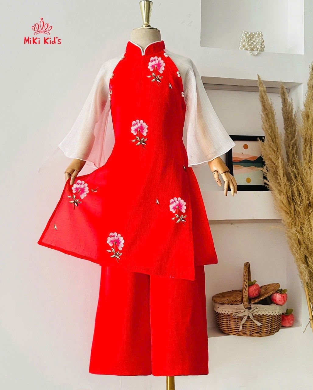 Áo dài cho bé gái mẫu Hoa mùa xuân xinh xắn diện lễ tết noel giáng sinh năm mới từ 12-44kg hàng thiết kế cao cấp