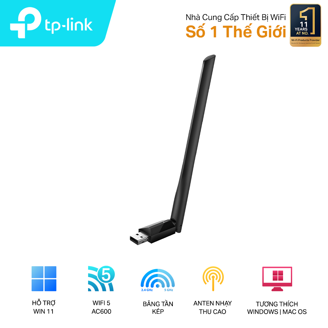 Cạc mạng không dây TP-Link USB Archer T2U Plus (Chuẩn AC/ AC600Mbps/ Ăng-ten ngoài) - Hàng chính hãng FPT phân phối