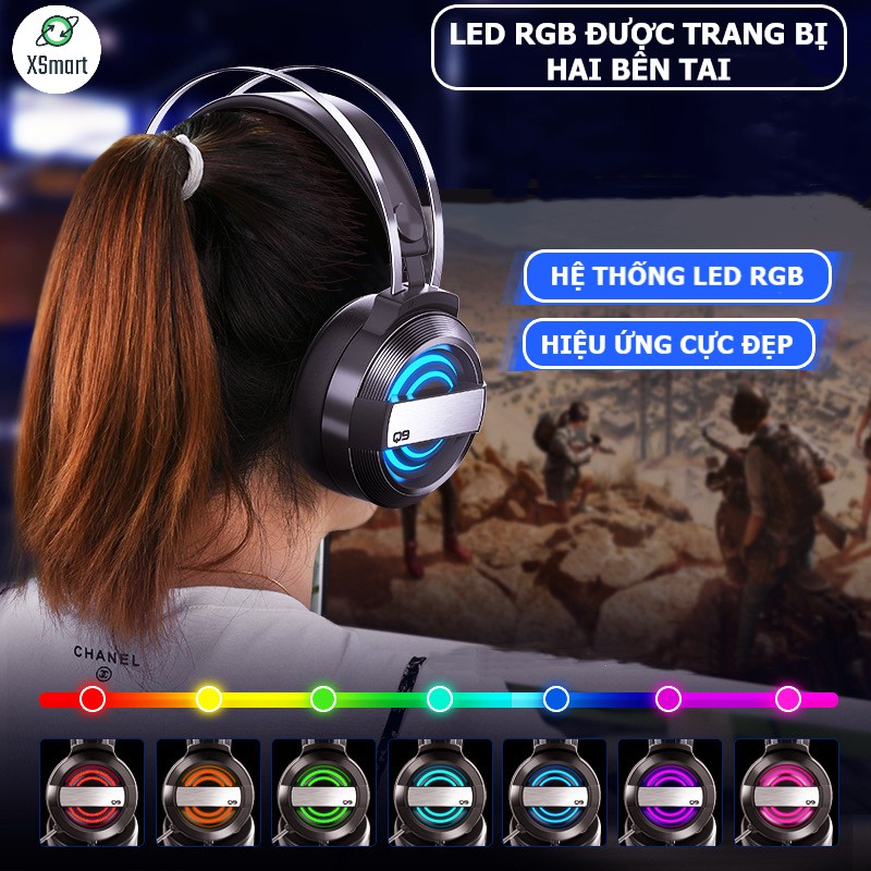 Tai nghe chụp tai máy tính GAMING XSmart MC Q9 có đèn LED đổi màu, mic đàm thoại, headphone chơi game trên laptop, pc - Hàng Chính Hãng