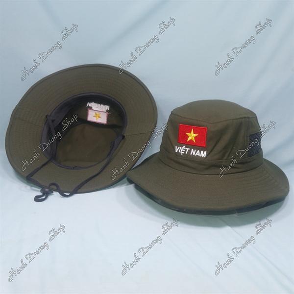 Nón tai bèo nón lính nam thêu Lá Cờ Việt Nam size đầu 60cm, có lỗ thông gió bên hông nón - Nâu nhạt