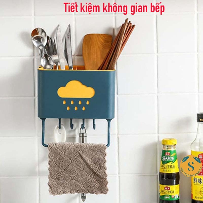 Hộp đựng đũa muỗng treo tường hình đám mây kèm móc treo khăn dụng cụ bếp tiện lợi, ống cắm đũa thìa, ống đựng đũa muỗng