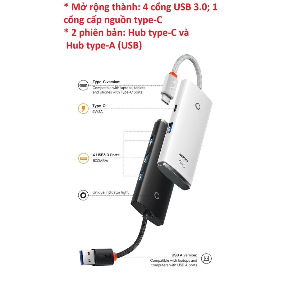 [Ra 4 cổng USB3.0 ] Bộ chuyển cổng Type-C / USB 4 trong 1 Baseus Lite Series BS-OH012 / BS-OH015 _ Hàng chính hãng