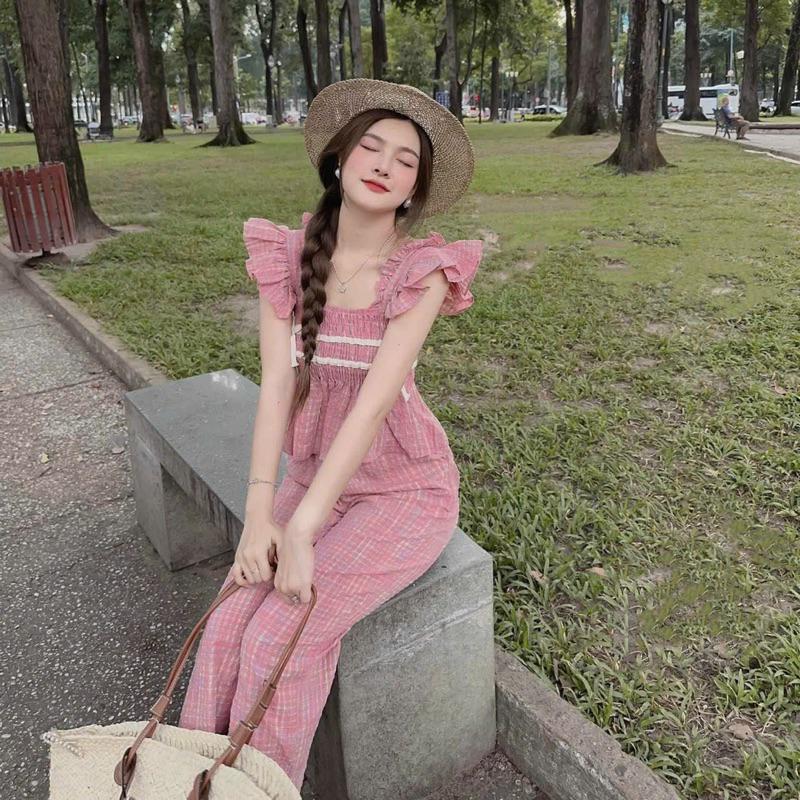 Sét bộ xốp caro áo tay bèo mocking viền dây trắng và quần ống suông