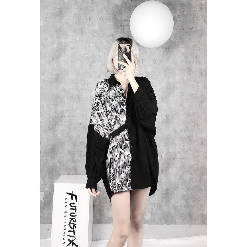 Sơmi White And Black Mix Nửa Thân, Áo sơ mi nữ form rộng phối lụa hàn họa tiết
