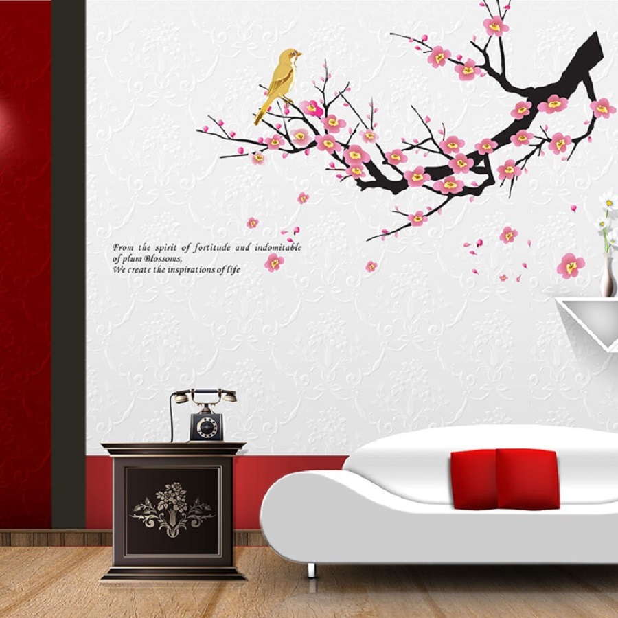 Decal dán tường hoa đào - chim họa my hót không gian tươi vui sang trọng