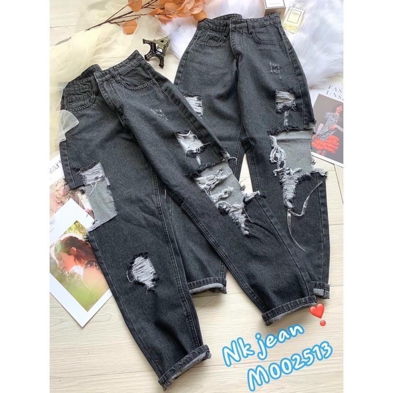 Quần baggy jean, quần bò baggy 9 tấc lưng cao rách gối - 110N