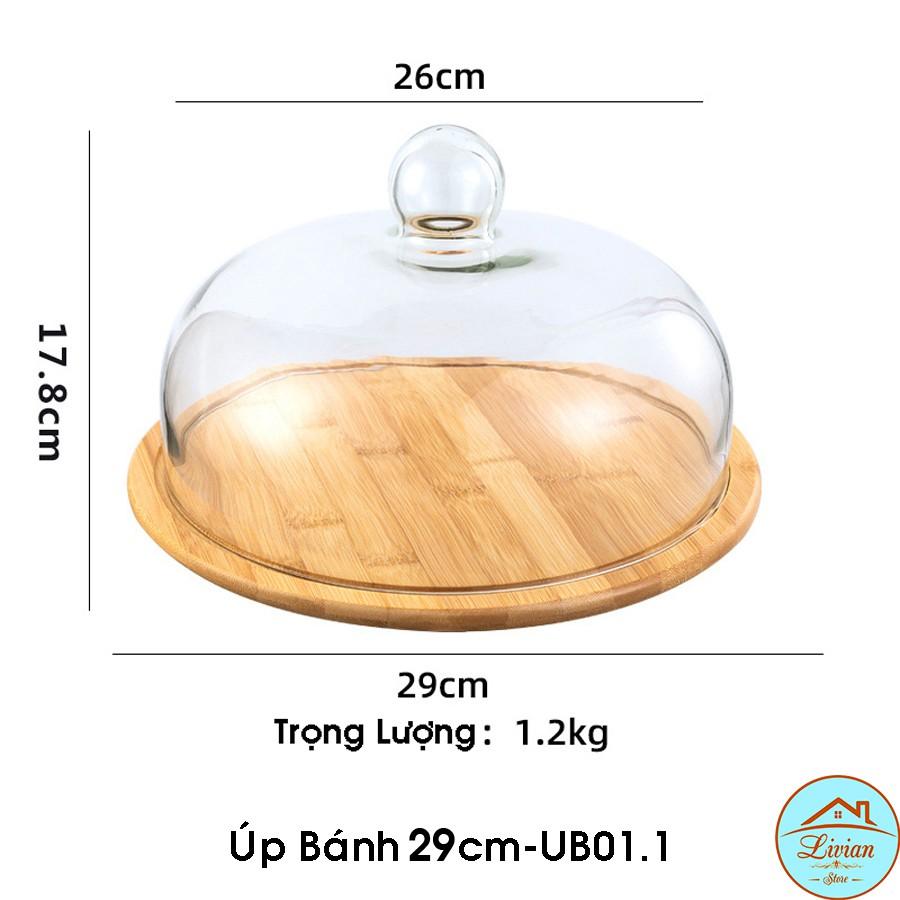 Úp bánh thủy tinh kèm khay gỗ tre 29cm, 32cm