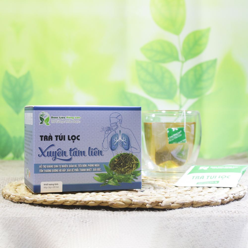 Trà Xuyên Tâm Liên túi lọc hộp 60g Cty Dược Liệu Hồng Lan - Giúp giảm ho, tiêu đờm, phòng ngừa tổn thương đường hô hấp, bảo vệ phổi, thanh nhiệt, giải độc…