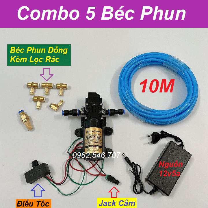 Combo máy bơm phun sương 12v áp lực cao - máy bơm nước mini 12v làm mát không khí - bơm nước việt nhật tăng áp mini