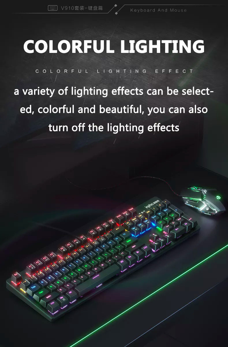 Bàn phím cơ Inphic V910 Bàn phím chơi game có dây chuyên nghiệp LED RGB Mix Backlit 104 phím - Hàng chính hãng