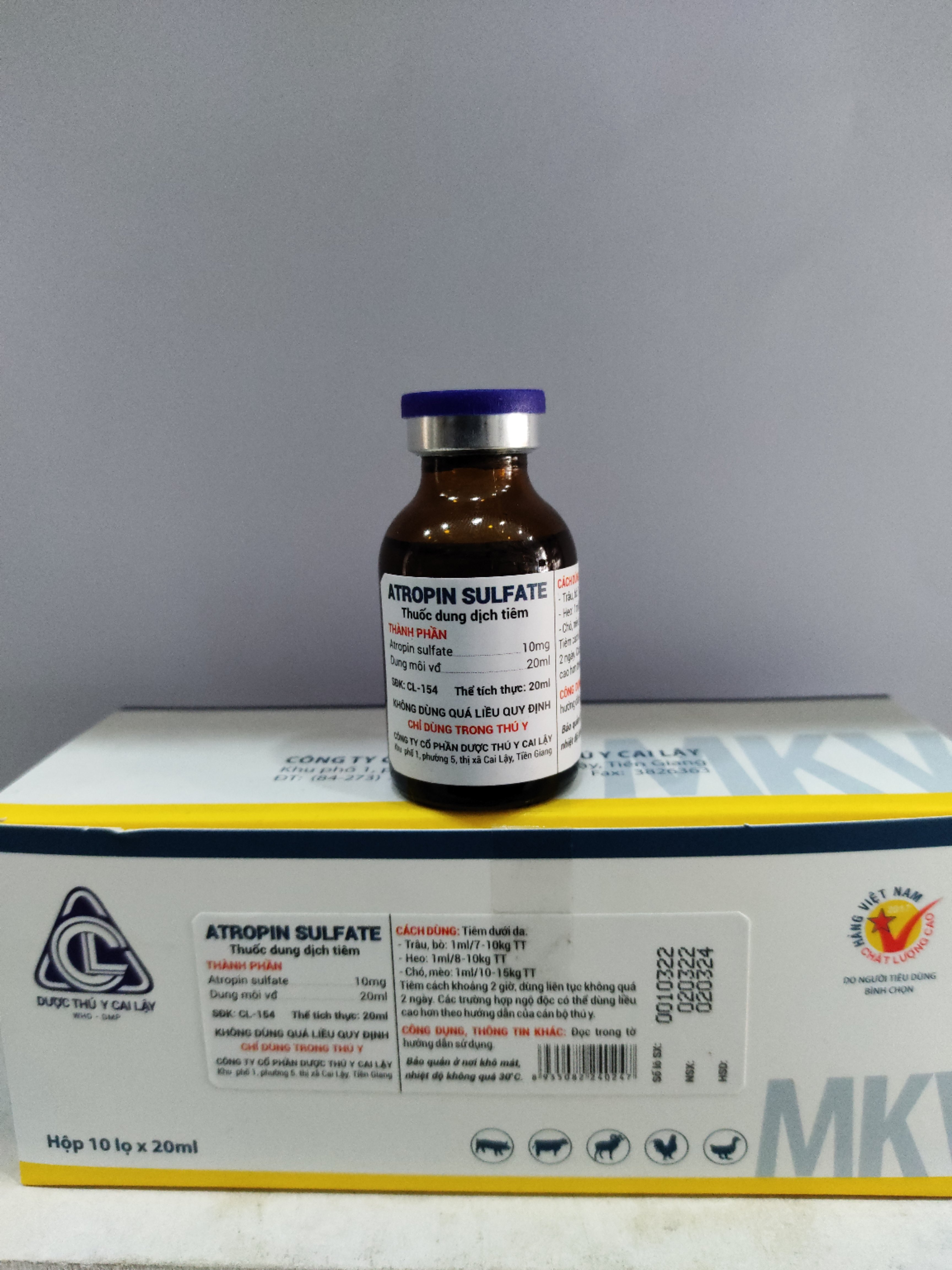 Thuốc dung dịch tiêm ATROPINSULFATE giảm đau bụng,chống nôn mữa,tiêu chảy,giải độc ,ức chế hoạt động thần kinh ở trâu bò chó mèo