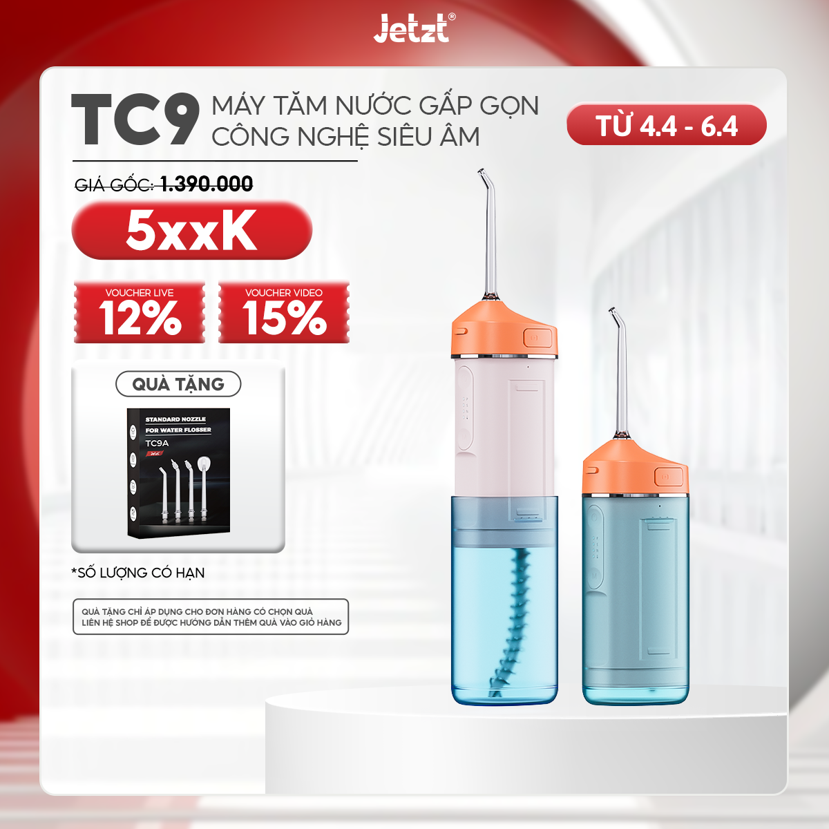 Máy tăm nước cầm tay Jetzt Teethcare TC9 công nghệ siêu âm tăm nước vệ sinh răng miệng
