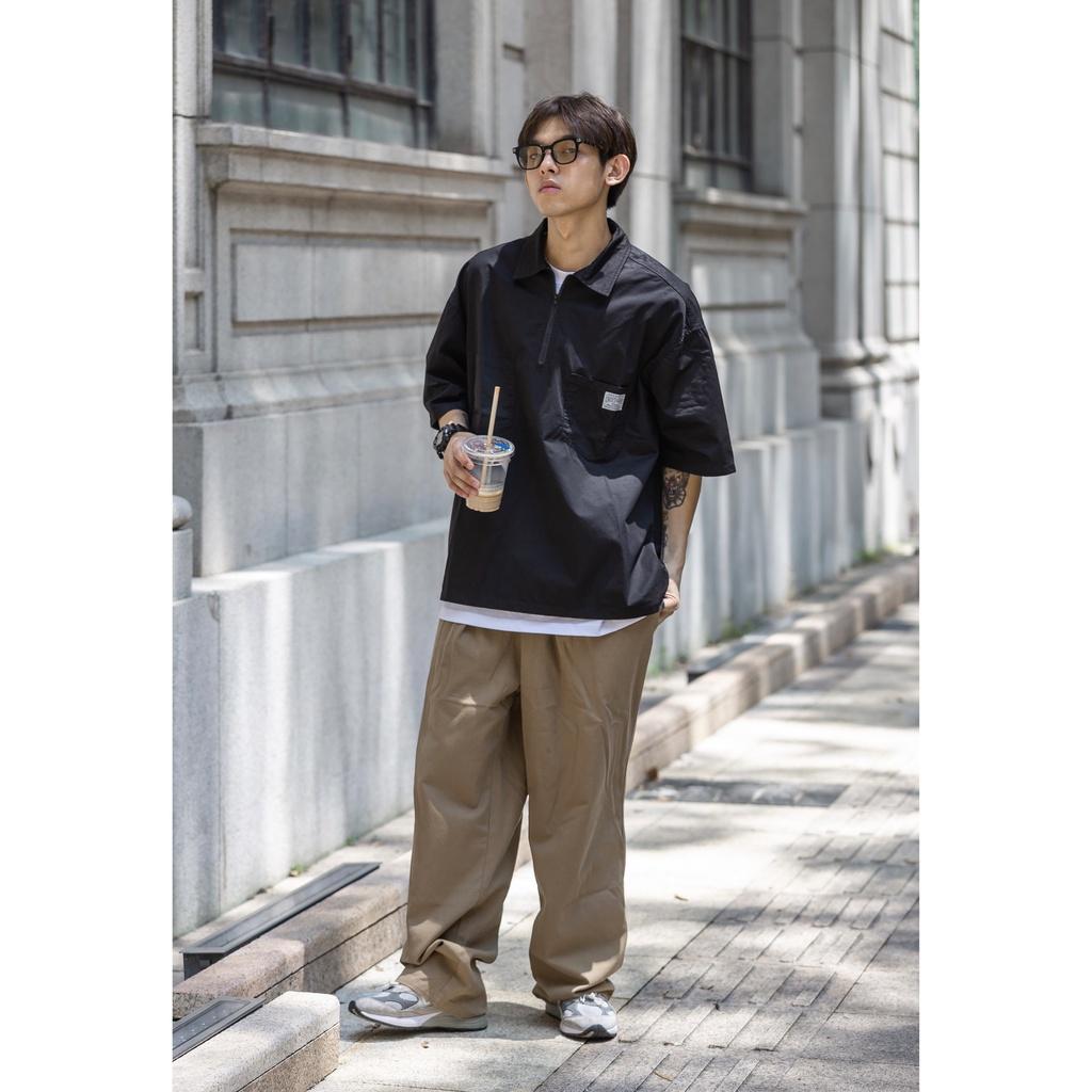 Áo sơ mi tay ngắn nam nữ unisex form rộng cổ áo có dây kéo