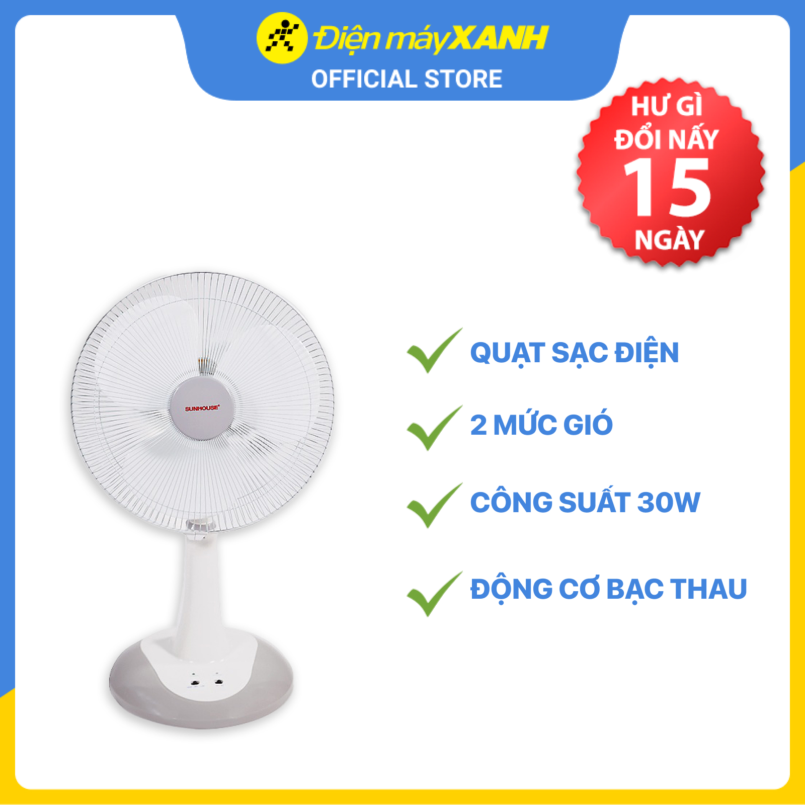 Quạt Lửng Sạc Tích Điện Sunhouse SH762 - Trắng Xám - Hàng chính hãng