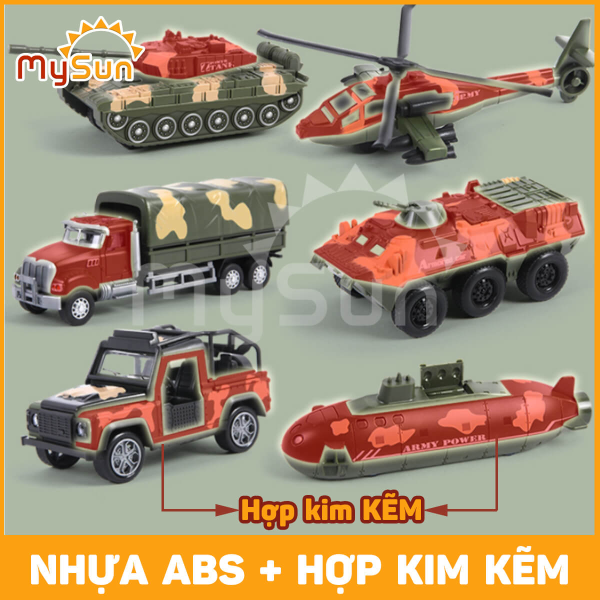 Hình ảnh Bộ đồ chơi quân đội mô hình xe tăng bọc thép, máy bay trực thăng, tàu ngầm quân sự, lính nhựa cho bé MySun