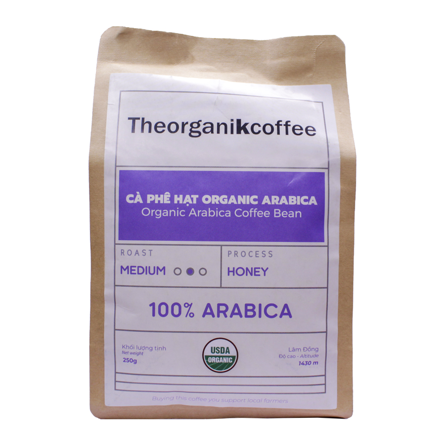 Cà phê Arabica hữu cơ rang mộc - dạng hạt, 250g