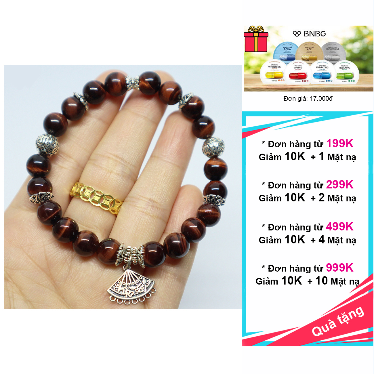 Vòng đá mắt hổ đỏ nâu 4A charm bạc 925 cao cấp