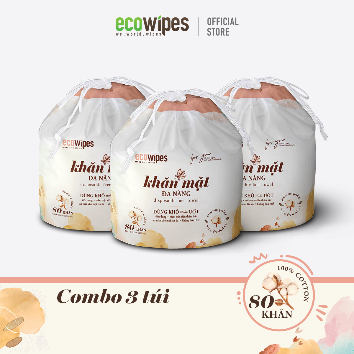 Combo 03 túi khăn mặt khô đa năng Ecowipes cuộn 80 tờ size khăn 20x20cm dùng 1 lần lau khô lau ướt giấy lau mặt dùng một lần