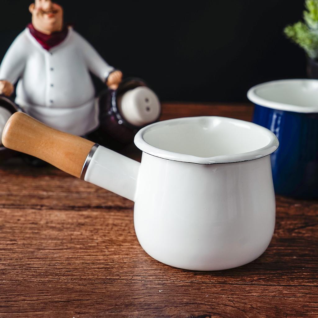 550ml Small Enamel Milk Cooking Sauce Pan Pot Wooden Handle Cookware White