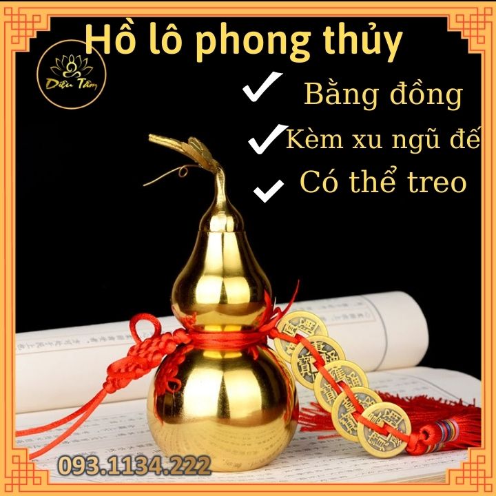 Hồ lô phong thuỷ bằng đồng sức khoẻ trường thọ, xua tan khí xấu có dây đồng xu ngũ đế may mắn