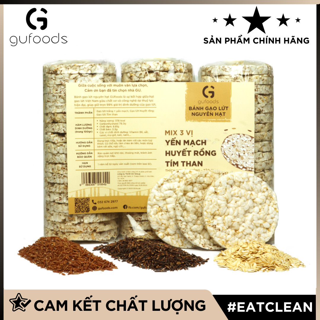 Bánh gạo lứt ăn kiêng GUfoods - Mix 3 vị - Hỗ trợ Giảm cân, Tập Gym, Thực dưỡng, Eat clean