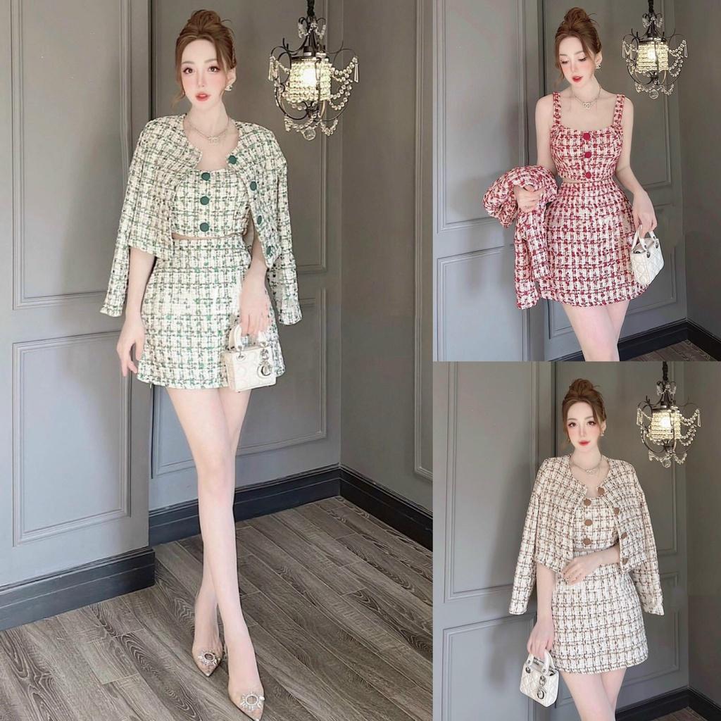 FREE SHIP Sét Bộ Đồ Nữ 3 Món Chất Vải Bố Da Áo Trong Đính Nút Bọc Phối Áo Khoác Ngoài Dài Tay Kèm Chân Váy  KIM GIA DS