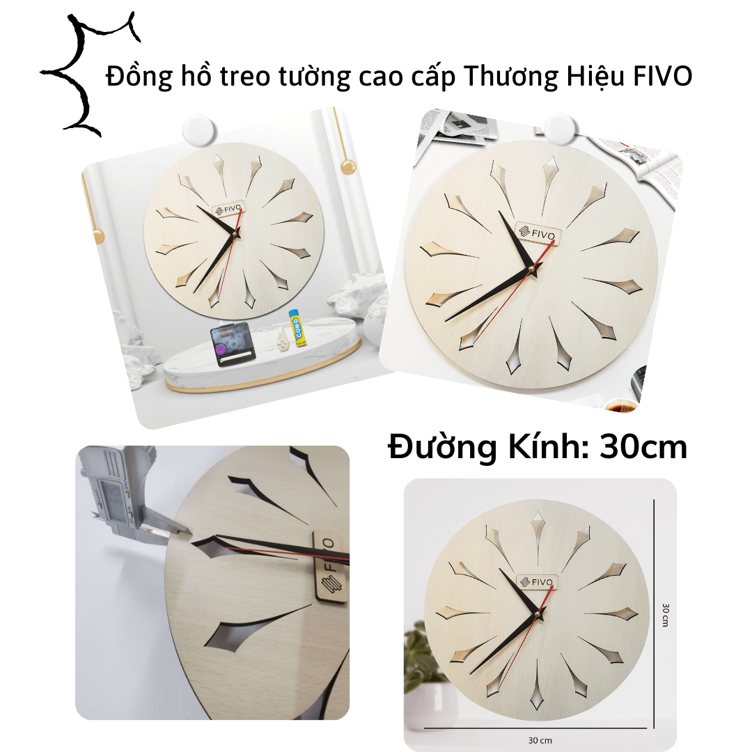 Đồng Hồ Treo Tường Trang Trí, Thương Hiệu FIVO Mẫu FW12 Bằng Gỗ Đẹp, Thiết Kế Tinh Tế