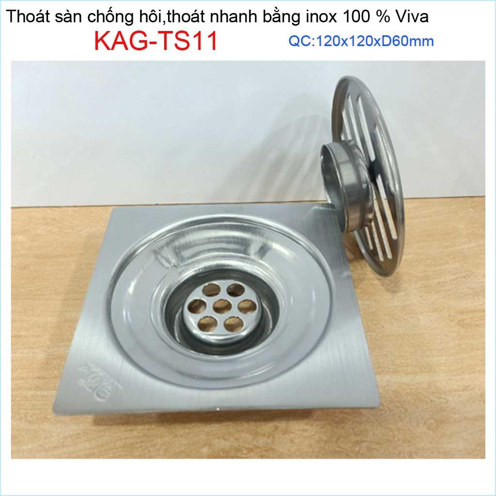 Hố ga thoát sàn inox đúc liền ống 6cm Inox mờ, phễu thoát nước chống hôi D60 vuông 12x12cm KAG-TS11