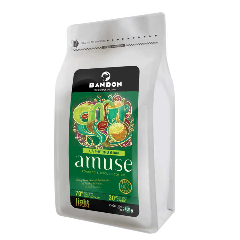 Cà phê phin Bandon AMUSE : Hương Arabica Cầu Đất full wash cùng vị đắng ngọt của Robusta Buôn Ma Thuột red honey khiến những phút giây THƯ GIÃN thêm “chất” hơn.