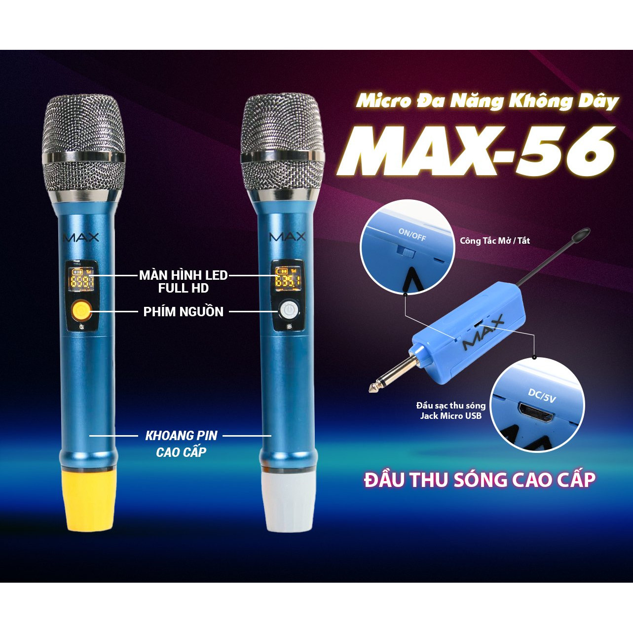 Bộ 2 Micro không dây đa năng Max 56 và Max 36 - Nâng cấp từ Max 39 - Hút âm tốt, Hạn chế hú rít - Sạc pin ngay trên mic - Pin sạc dung lượng cao - Màn hình LCD hiển thị tần số - Phù hợp mọi thiết bị - Micro karaoke - Hàng chính hãng