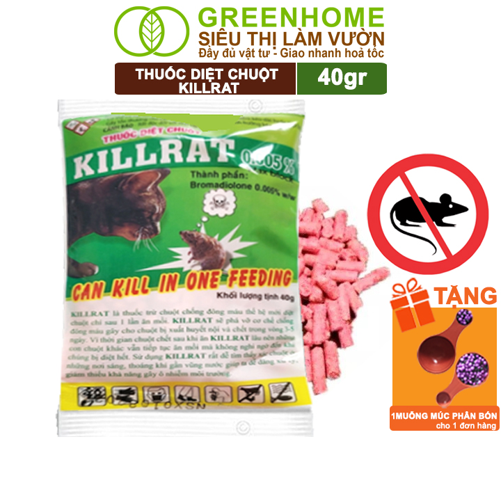 Thuốc Diệt Chuột Greenhome, Killrat, Bao 40gr, Thế Hệ Mới, Hiệu Quả, Diệt Cả Đàn, Giúp Nhà Sạch Sẽ, Bảo Vệ Vườn