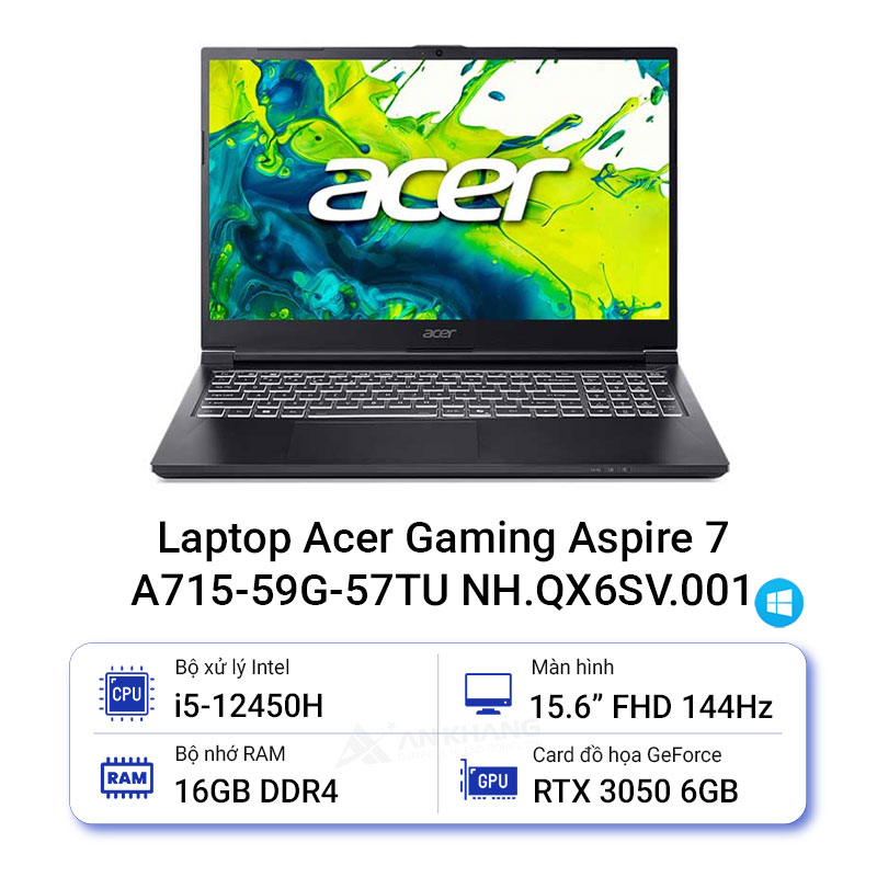 Laptop Acer Aspire 7 A715-59G-57TU NH.QX6SV.001 (Intel Core i5-12450H | RTX 3050 | 15.6 inch FHD | 16GB | 512GB | Win 11 | Đen) - HÀNG CHÍNH HÃNG