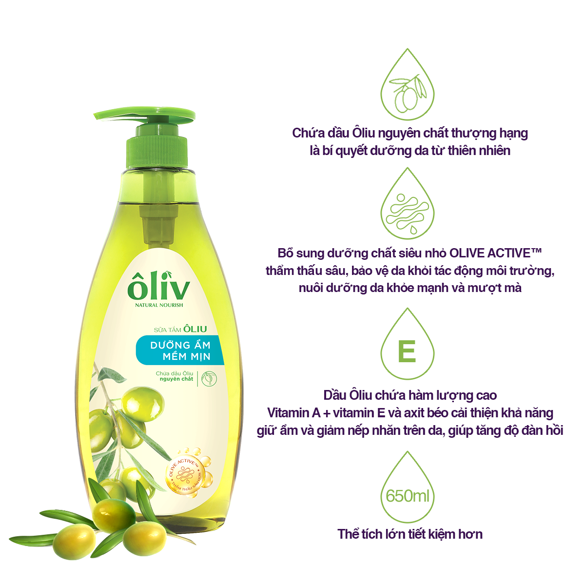 Sữa Tắm Oliu Nguyên Chất Oliv Dưỡng Ẩm Mềm Mịn 650ml
