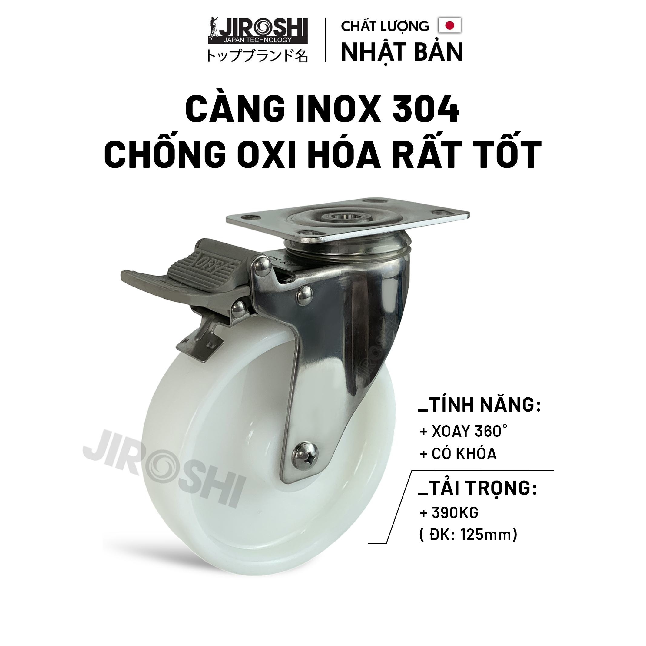 Bánh xe đẩy hàng tải trọng lớn chống hóa chất JIROSHI , Bánh xe có bạc đạn chịu nhiệt độ cao công nghệ nhật bản