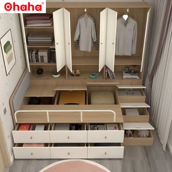 GIƯỜNG NGỦ GỖ CÔNG NGHIỆP ĐA NĂNG NHIỀU TỦ KỆ OHAHA 001