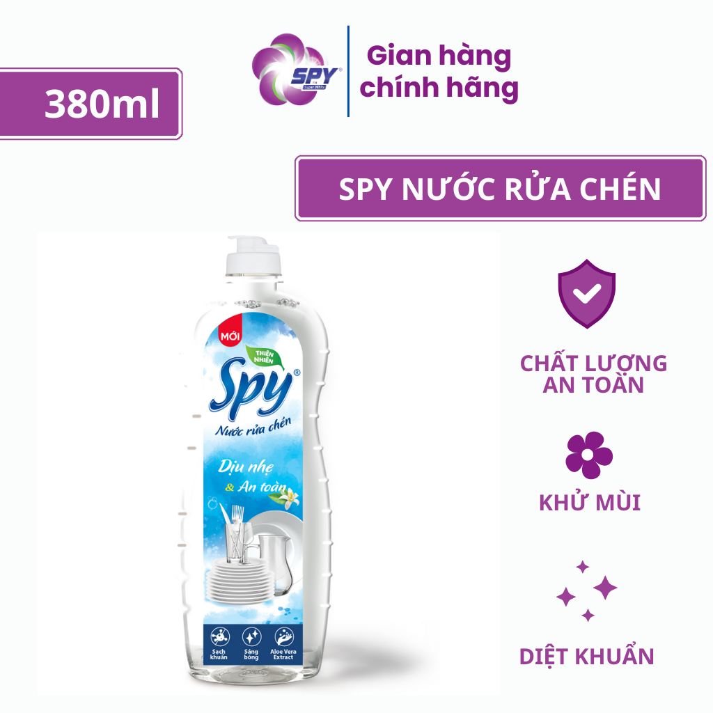 Nước rửa chén bát SPY hương Dịu Nhẹ 380ml thành phần thiên nhiên, an toàn, sạch nhanh dầu mỡ
