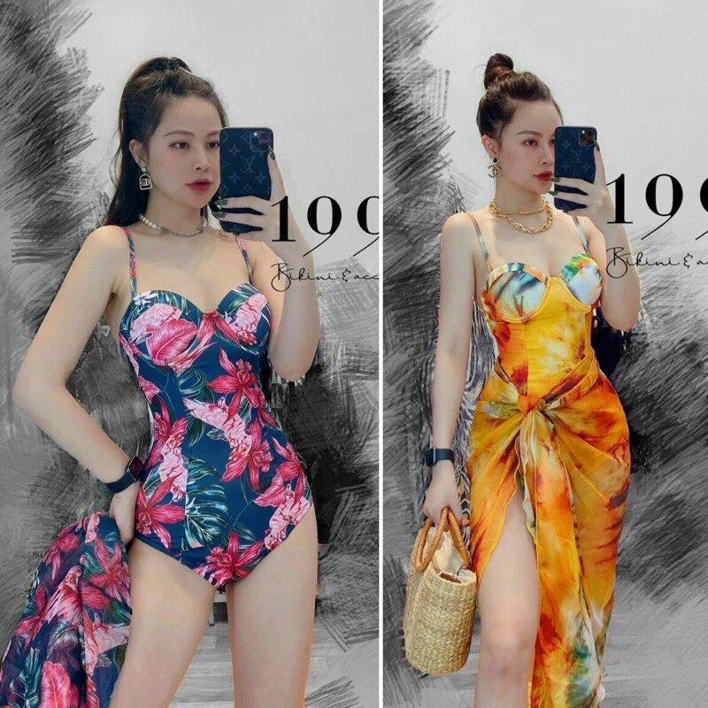 Set bikini hoa liền thân 1 mảnh kèm choàng rực rỡ đi biển